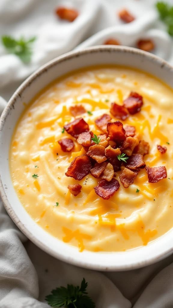 A bowl of creamy cheese and potato soup topped with crispy bacon and parsley.