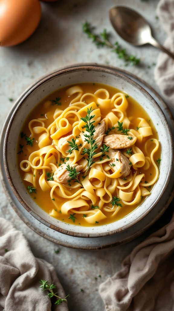 Bowl of chicken noodle soup with thyme and egg noodles.