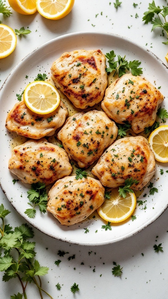 Plate of lemon garlic chicken thighs garnished with parsley and lemon slices.