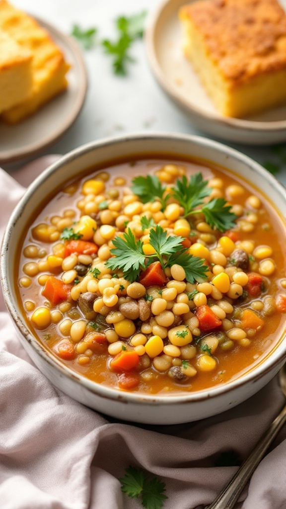 A bowl of savory lentil white chili with colorful vegetables, garnished with cilantro and lime slices.