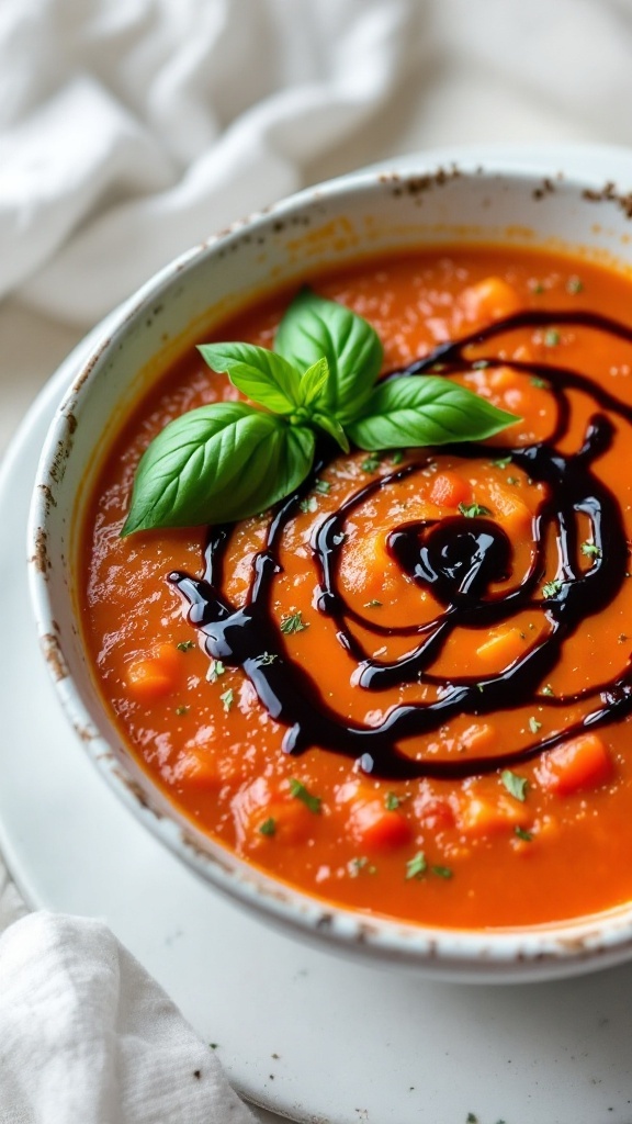 A bowl of savory tomato soup garnished with fresh basil and a drizzle of balsamic glaze.