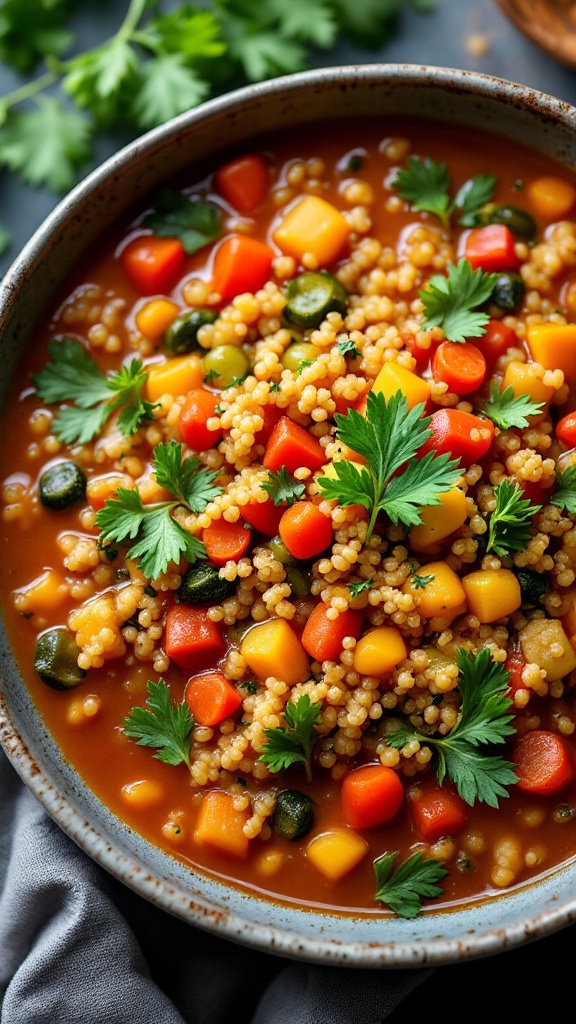 A bowl of savory vegetable quinoa soup with colorful vegetables and herbs.