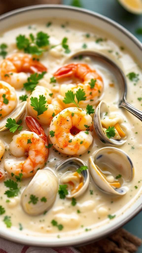 A bowl of creamy seafood chowder with shrimp and clams, garnished with parsley, alongside slices of bread.