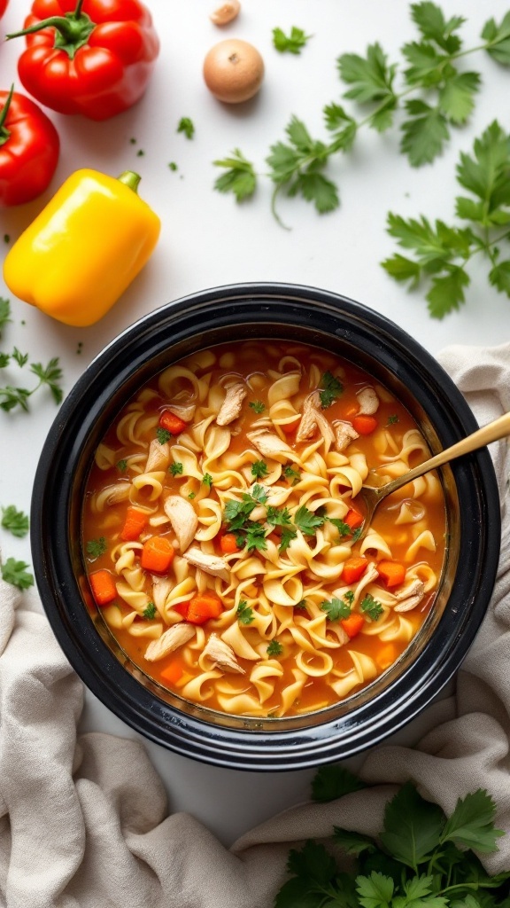 A bowl of chicken noodle soup with colorful vegetables and herbs