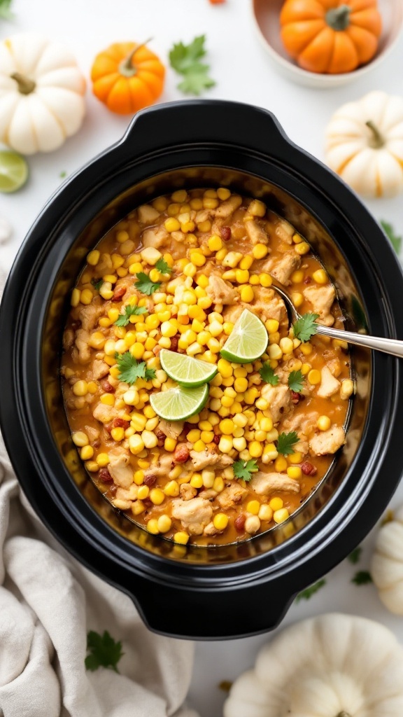 A slow cooker filled with turkey white chili featuring corn and garnished with lime and cilantro, surrounded by decorative pumpkins.