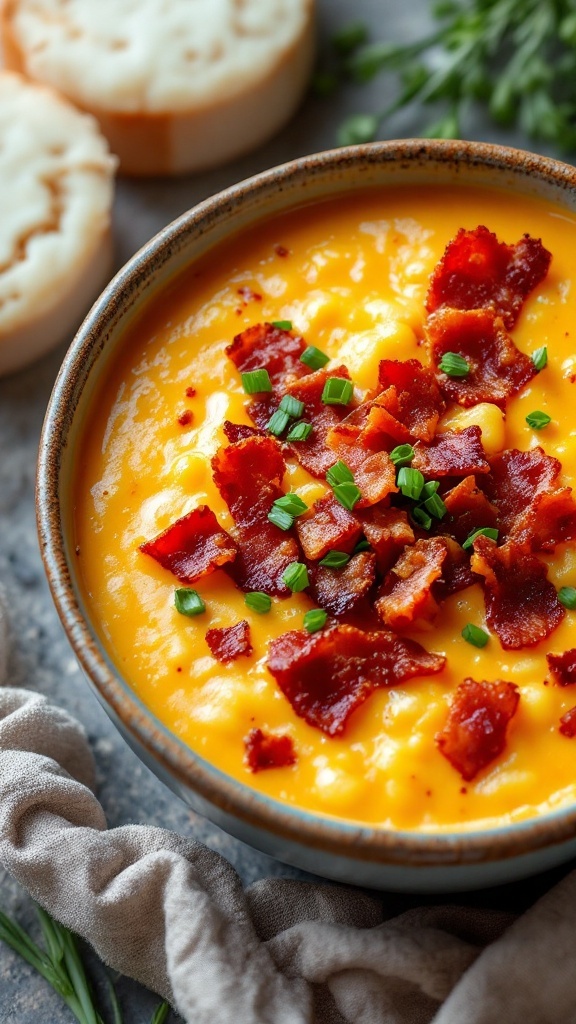 Bowl of smoky bacon cheese soup topped with green onions and crispy bacon bits, next to slices of bread.