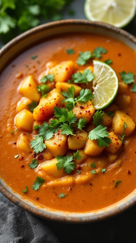 A bowl of smoky chipotle potato soup garnished with cilantro and lime.