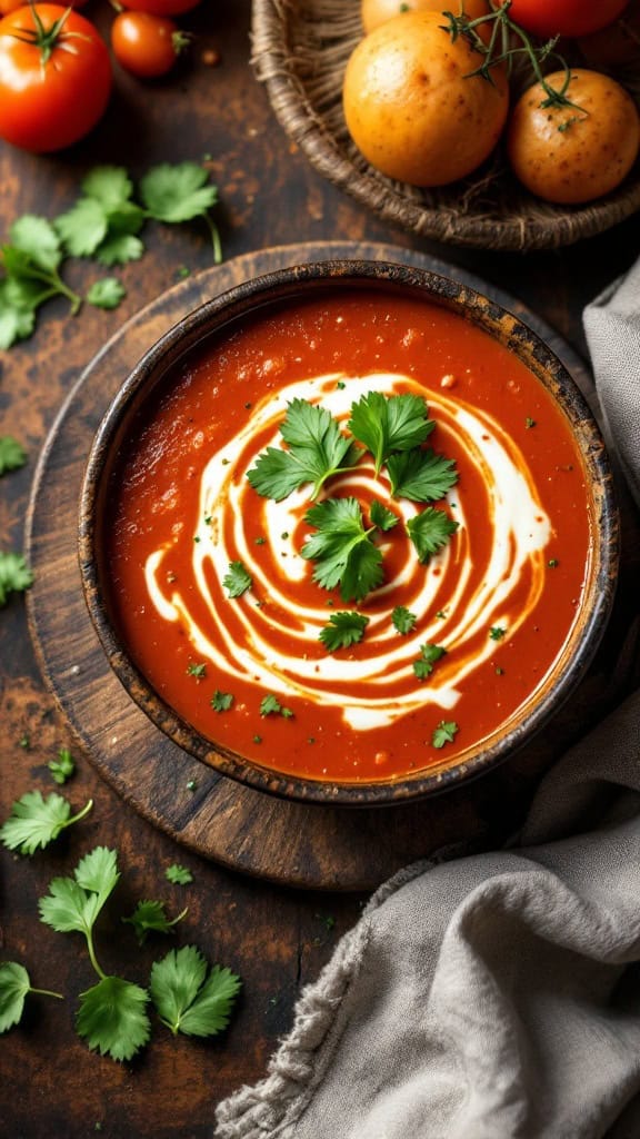 A bowl of smoky chipotle tomato soup garnished with cream and cilantro, surrounded by fresh tomatoes and herbs.