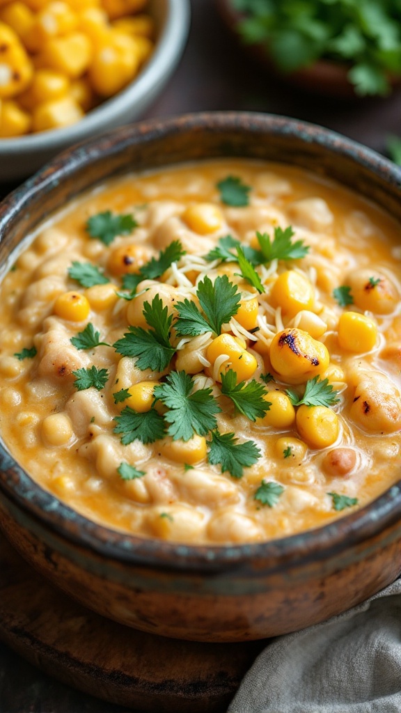 A bowl of Smoky Chipotle White Chili with corn and cilantro.