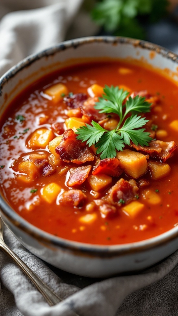 A bowl of Smoky Tomato and Bacon Soup topped with bacon bits and fresh herbs.