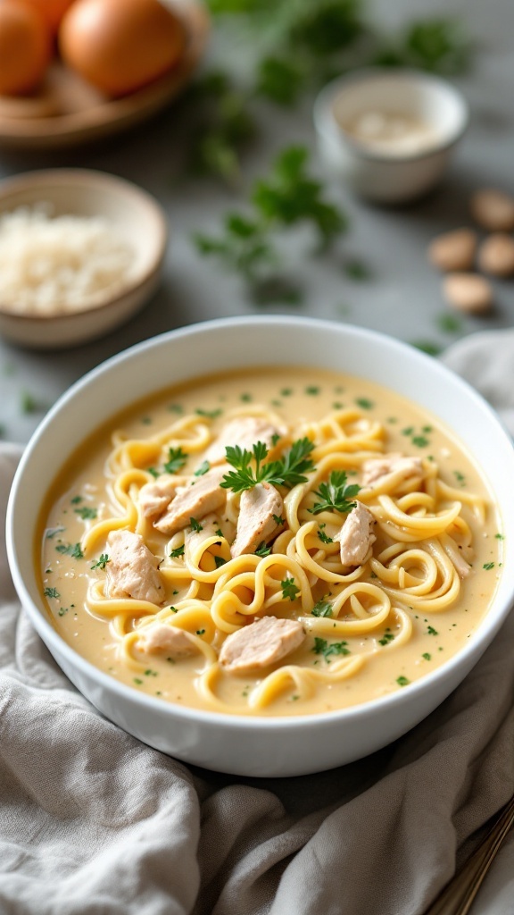 A bowl of sour cream chicken noodle soup with pasta and chicken pieces garnished with parsley.