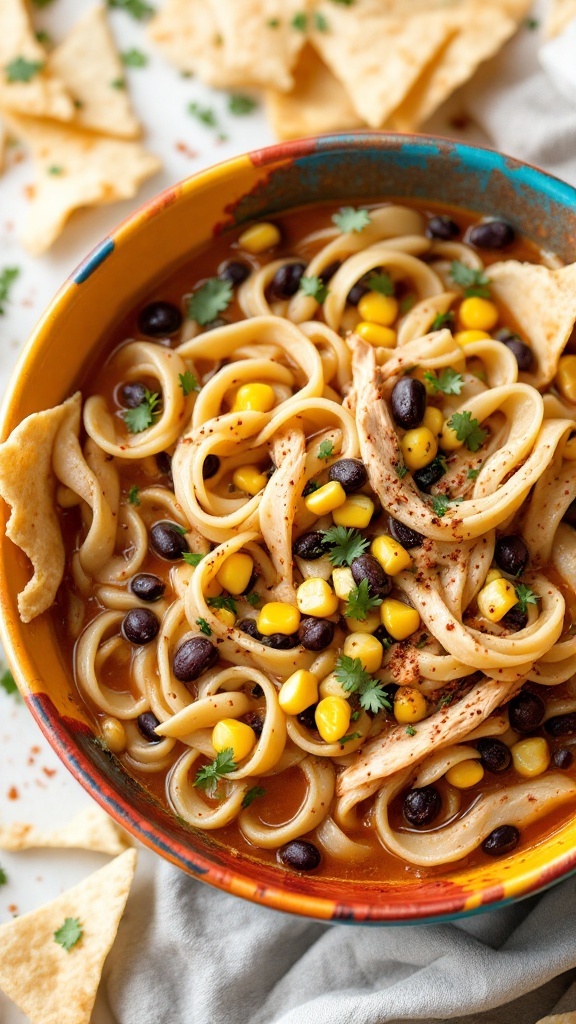 A colorful bowl of Southwestern chicken noodle soup with black beans, corn, and pieces of chicken, surrounded by tortilla chips.