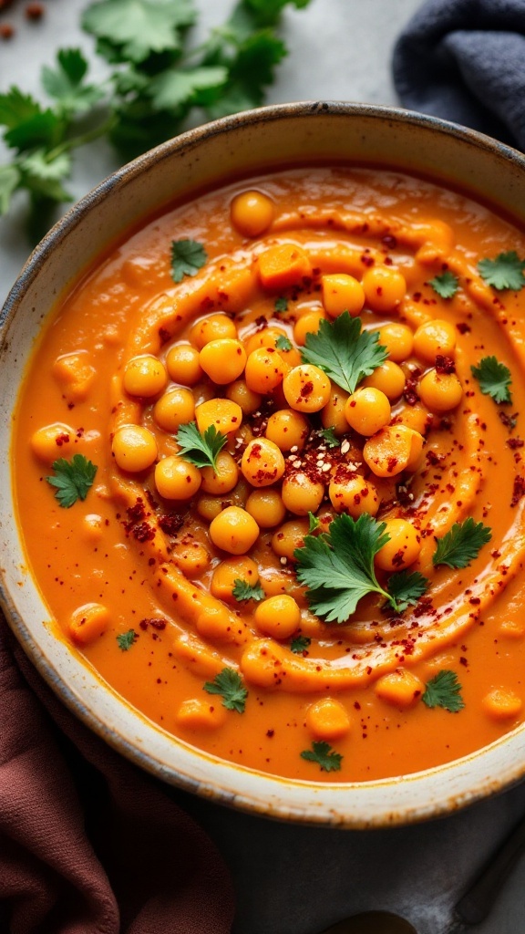 A bowl of spiced chickpea and sweet potato soup garnished with cilantro and chili flakes.