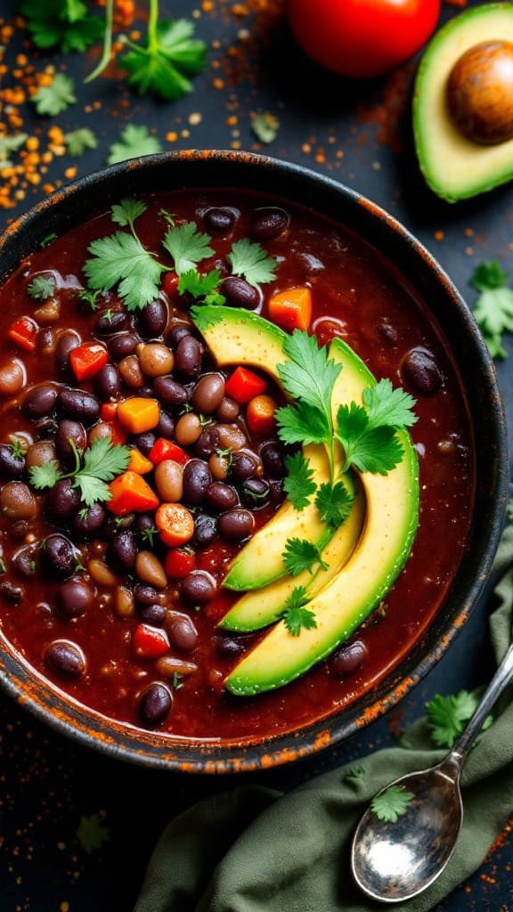 A bowl of spicy black bean soup topped with avocado slices and cilantro, surrounded by fresh ingredients.