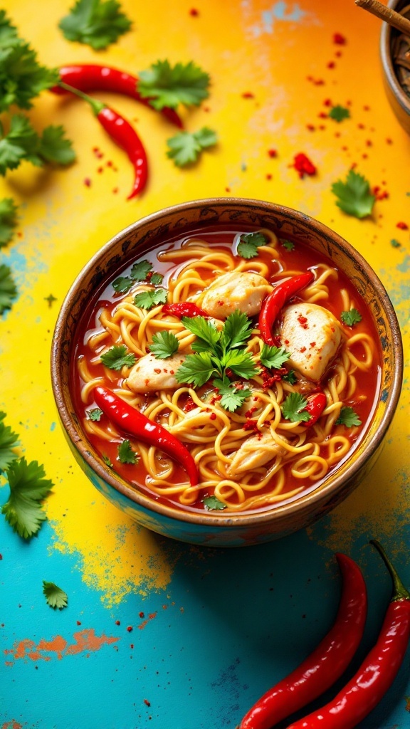 A delicious bowl of spicy chicken noodle soup with noodles, chicken pieces, red chilies, and fresh herbs.