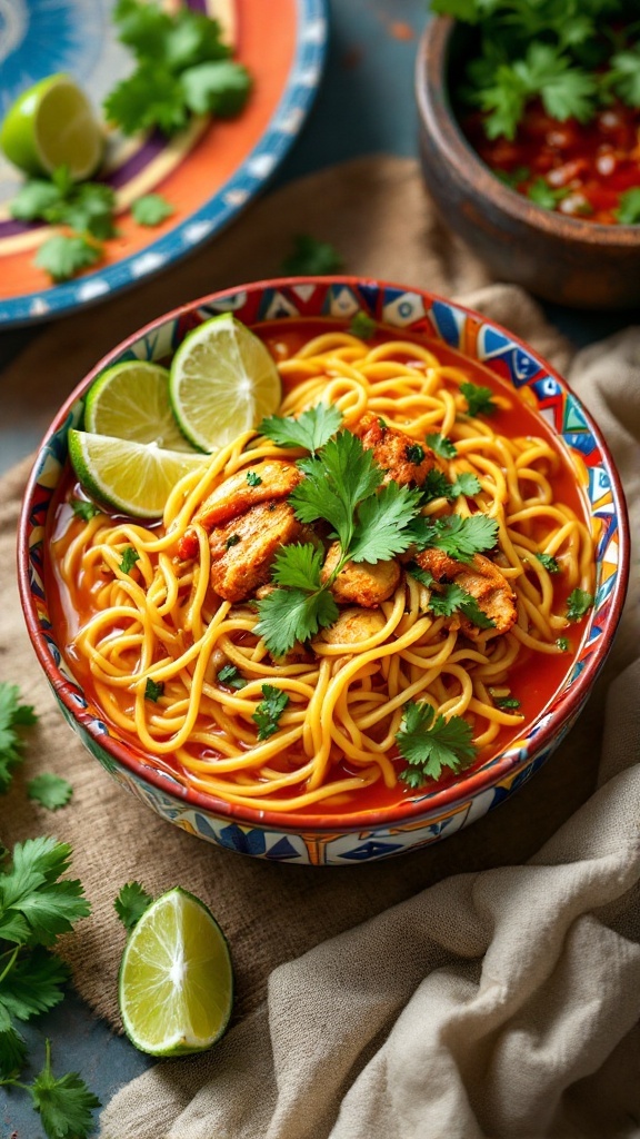 A bowl of spicy chicken noodle soup topped with cilantro and lime slices, surrounded by fresh herbs.