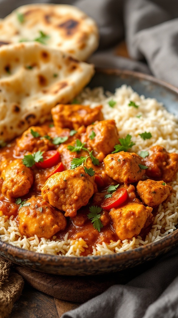 A bowl of spicy chicken tikka masala served with rice and naan.