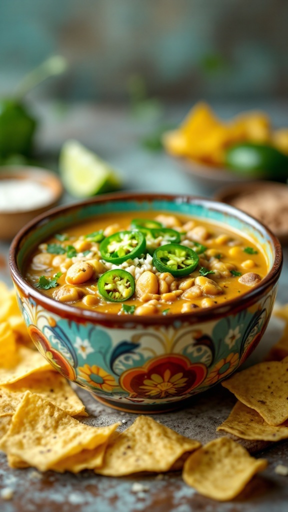 A bowl of spicy green pepper white chili with jalapeños, surrounded by tortilla chips.