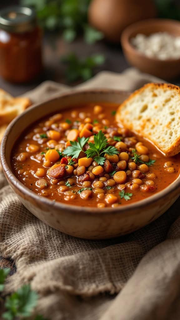 Bowl of Spicy Moroccan Lentil Soup with bread on the side