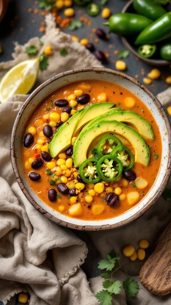 A bowl of Spicy Southwest Potato Soup with potatoes, black beans, corn, and avocado slices.