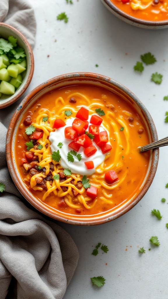 A bowl of Spicy Taco Cheese Soup topped with cheese, tomatoes, and cilantro.