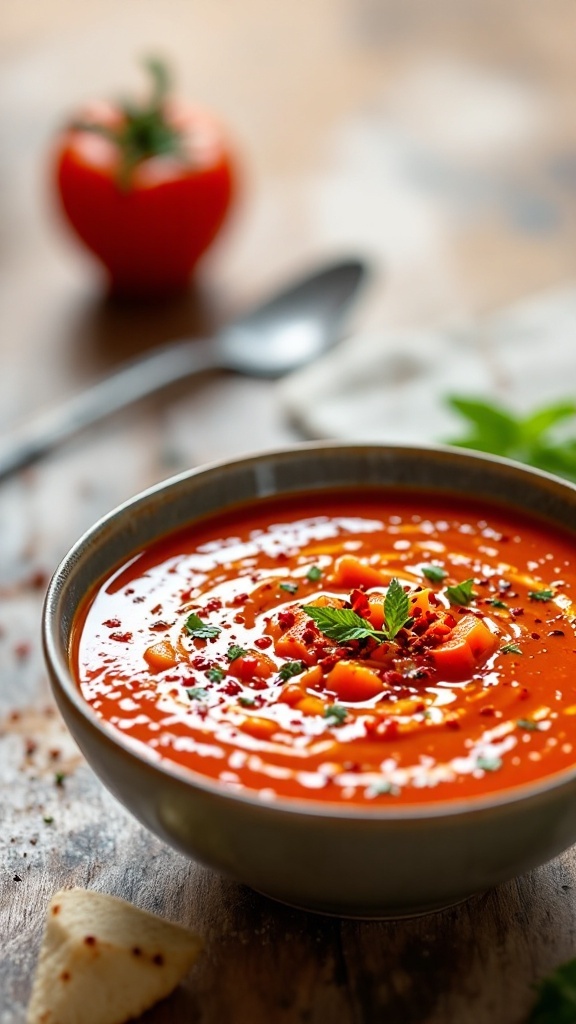 A bowl of spicy tomato and bell pepper soup garnished with herbs and spices