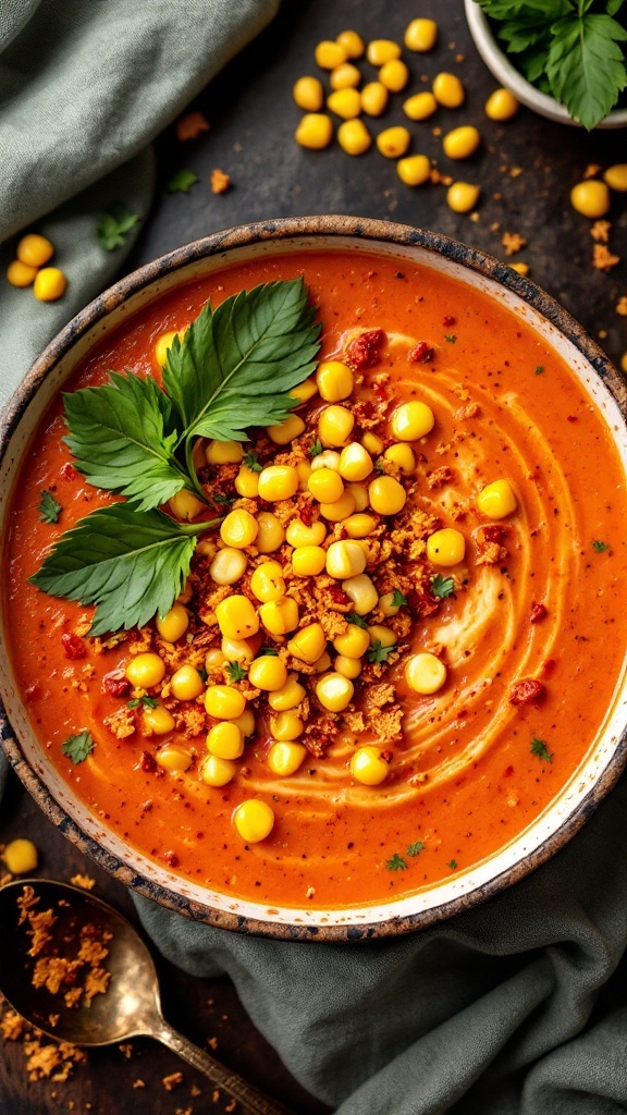 Bowl of spicy tomato and corn chowder topped with fresh corn and herbs