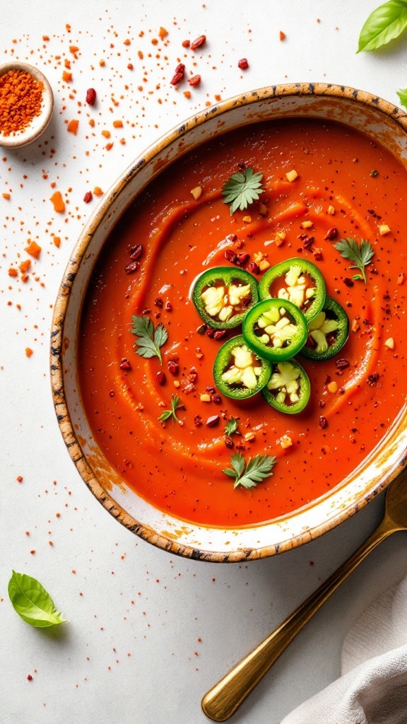 A bowl of spicy tomato soup garnished with jalapeño slices and herbs.