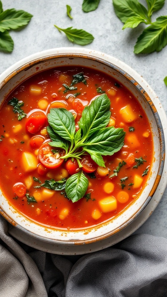 Bowl of spinach and tomato soup with fresh basil on top