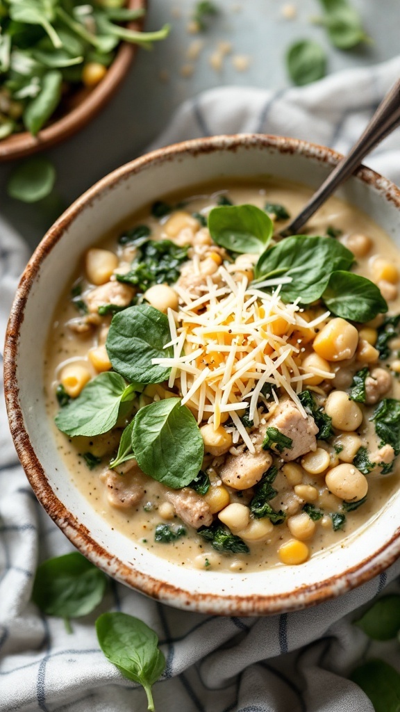 A bowl of spinach and turkey white chili topped with cheese and fresh spinach leaves.