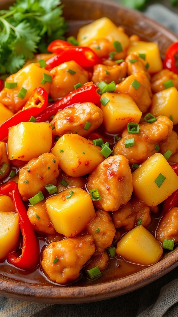 A bowl of sweet and sour chicken with pineapple, red peppers, and green onions.