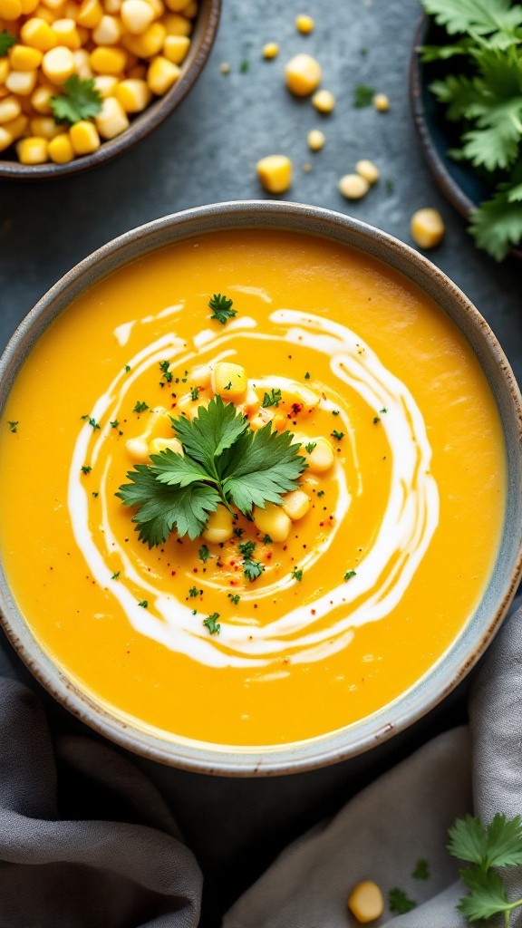 A bowl of sweet corn cheddar soup surrounded by fresh herbs and corn on a light background.