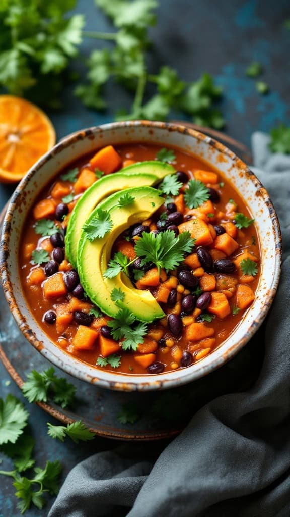 A bowl of sweet potato and black bean soup topped with avocado and cilantro.