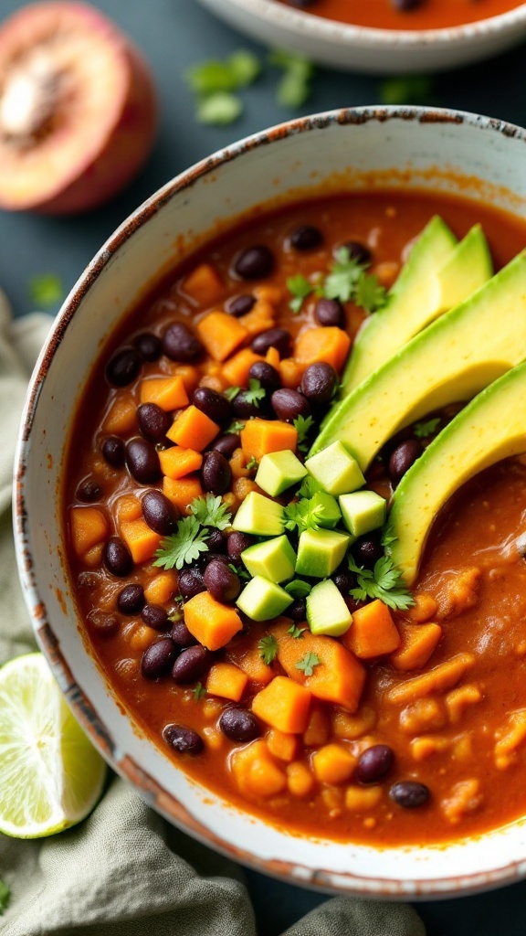 A bowl of sweet potato and black bean soup topped with avocado, cilantro, and diced green apple.