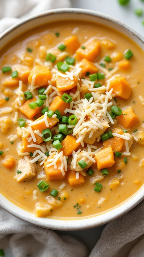 A bowl of sweet potato and chicken white chili topped with cheese and green onions