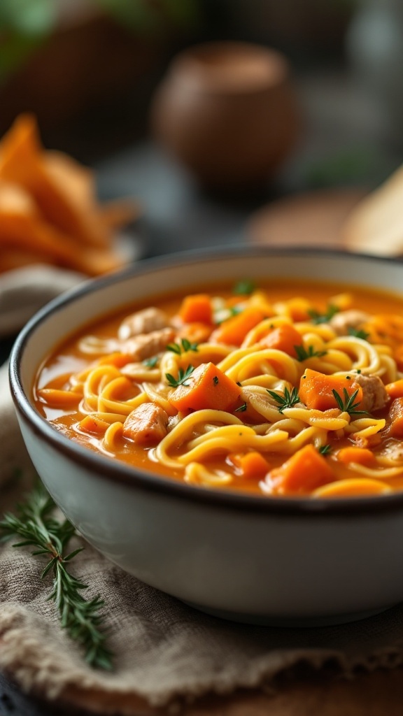 A warm bowl of sweet potato chicken noodle soup with noodles, sweet potatoes, and herbs.