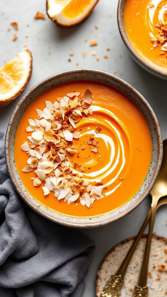 Bowl of sweet potato soup topped with toasted coconut flakes.