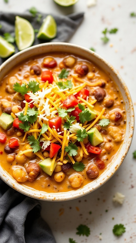 A bowl of taco-inspired white chili topped with cheese, cilantro, diced tomatoes, and avocado.