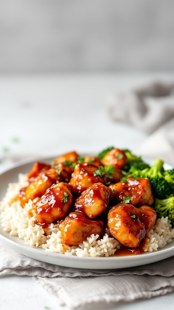 A plate of teriyaki chicken with broccoli served over rice