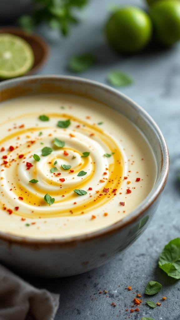 A bowl of Thai Coconut Cheese Soup garnished with herbs and a swirl of cream.