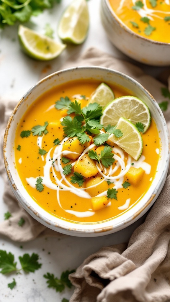 A bowl of Thai coconut curry potato soup topped with cilantro and lime.