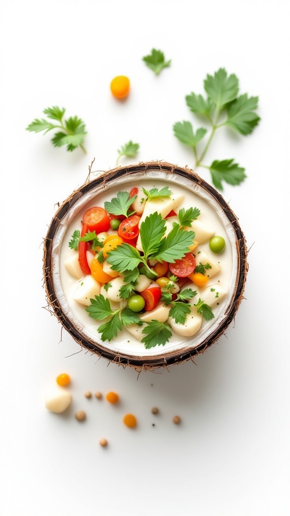 A bowl of Thai coconut white chili with colorful vegetables and herbs.