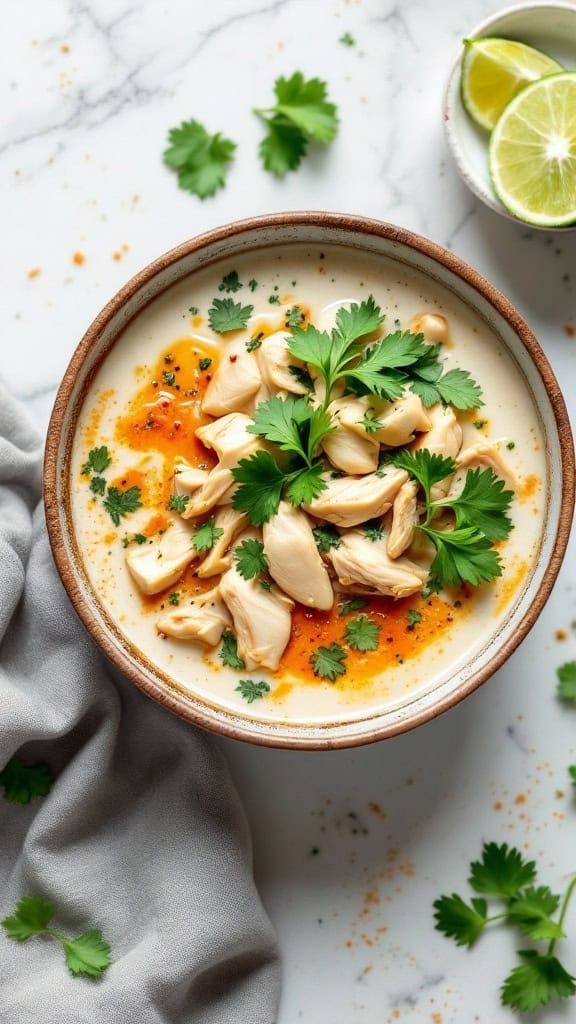 A bowl of Tom Kha Gai soup topped with cilantro and chicken pieces.