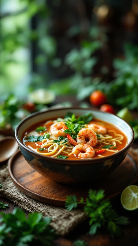 A bowl of Tom Yum Chicken Noodle Soup with shrimp, herbs, and noodles.