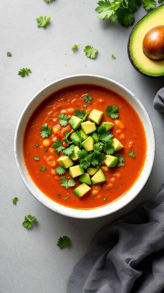 A bowl of tomato and avocado soup topped with diced avocado and fresh cilantro.