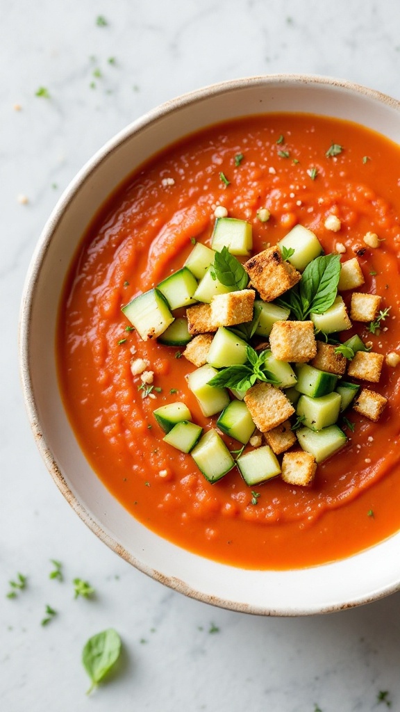 A bowl of tomato and basil gazpacho garnished with cucumber and croutons.