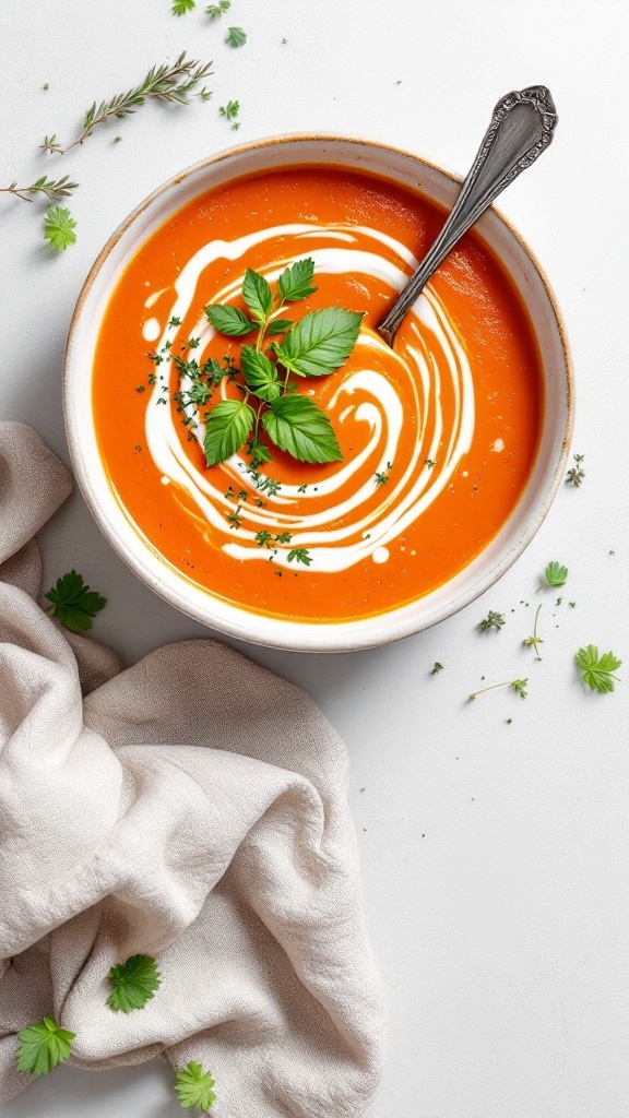 A bowl of tomato and carrot soup garnished with cream and herbs.