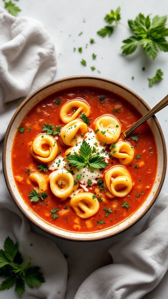 A bowl of Tomato and Cheese Tortellini Soup with herbs and sour cream.