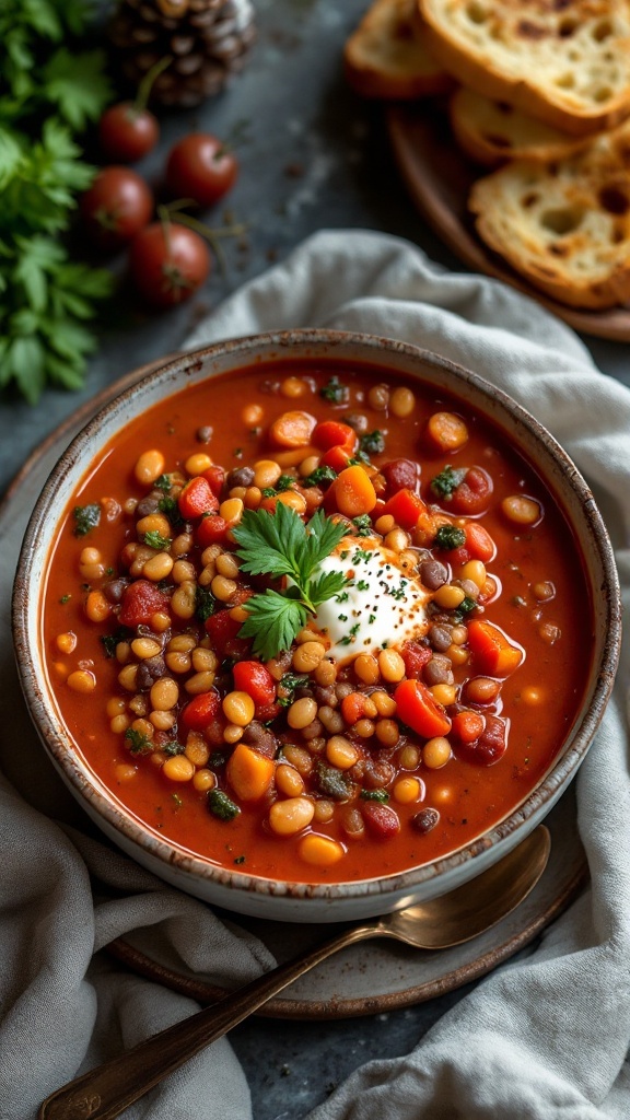 A bowl of tomato and lentil stew topped with fresh herbs and a dollop of cream, served with toasted bread.