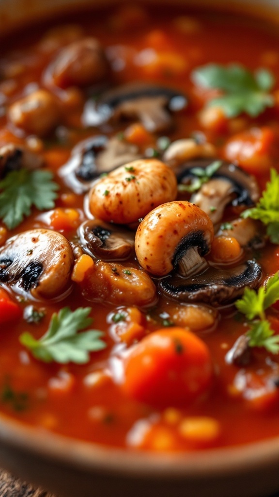 A bowl of tomato and mushroom soup with garnished herbs.